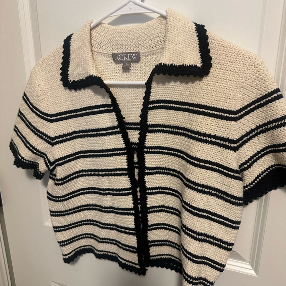 J. Crew Cream and Black Striped Short-Sleeve Knit Cardigan